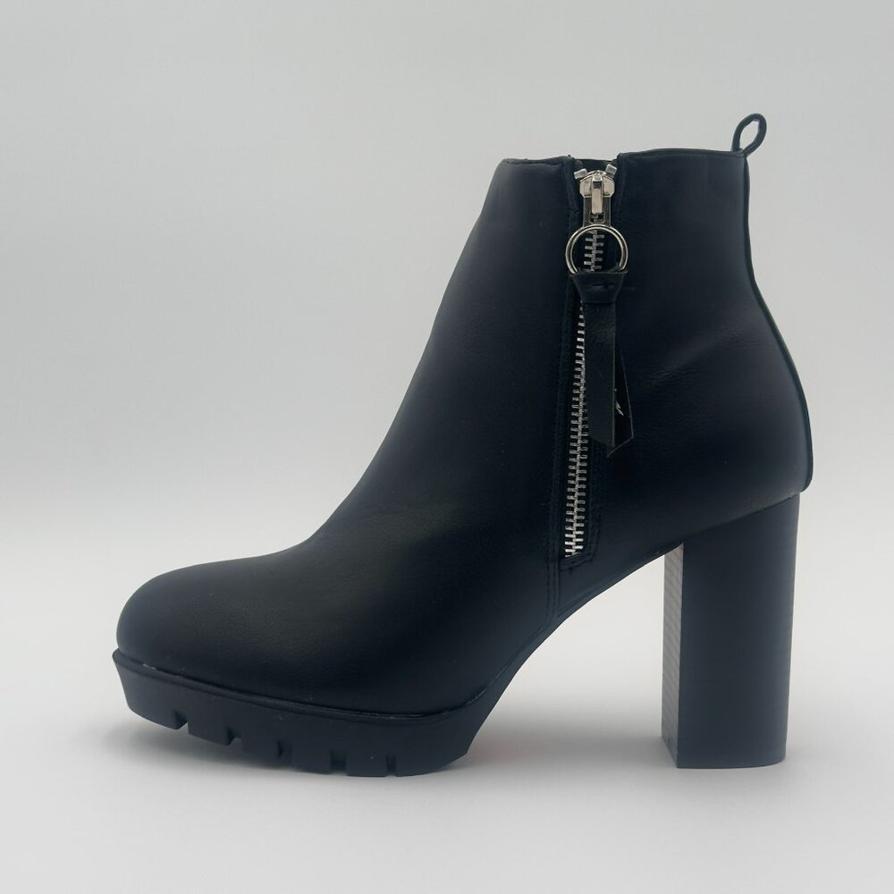 Zip-Detail Faux Leather Platform Ankle Boots - Block Heel, Black